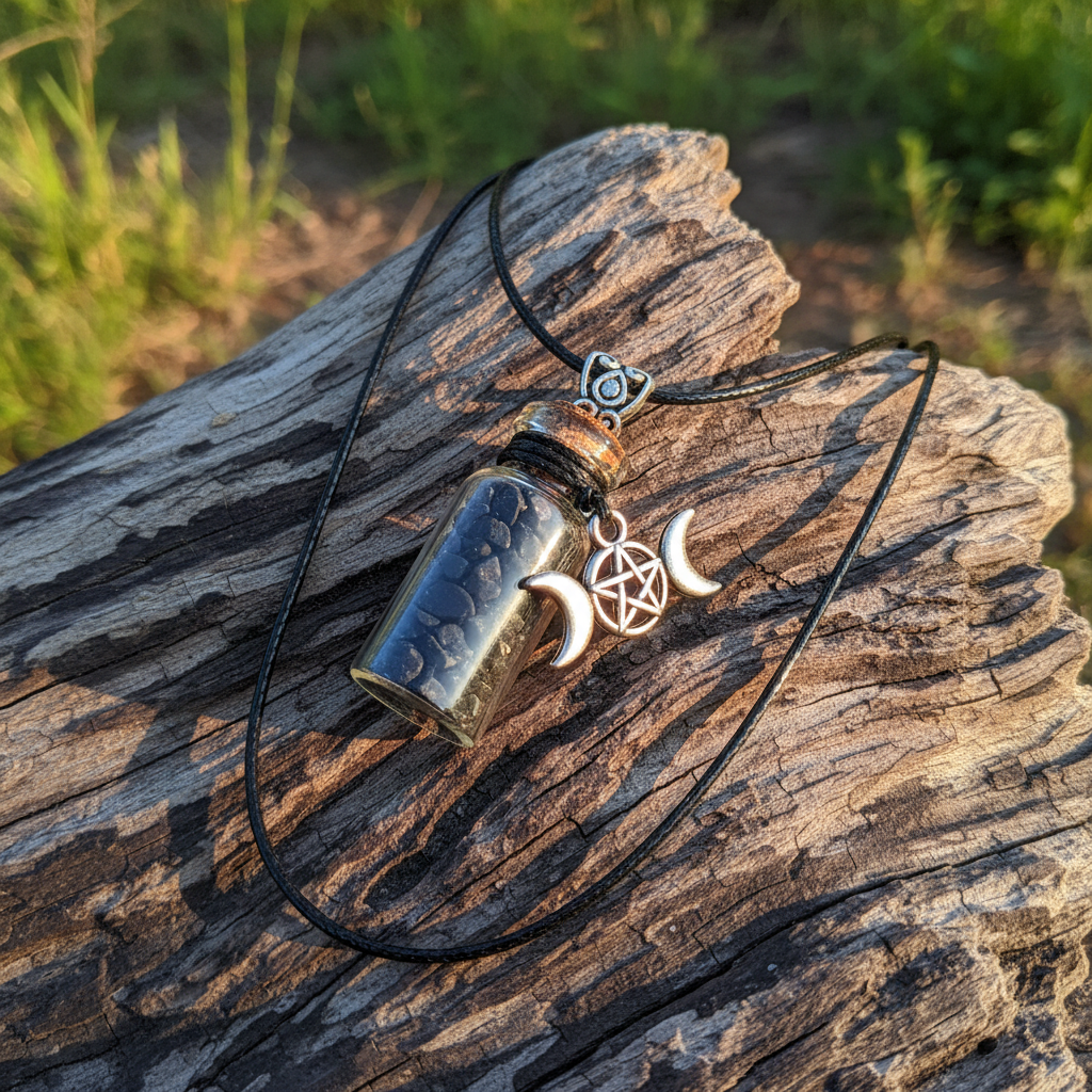 Imagine a styled lifestyle shot captured outdoors during golden hour, portraying the Shungite Chips in Bottle with Triple Moon necklace resting elegantly against a textured natural surface like rough stone or driftwood. The scene is lit with diffused dayli