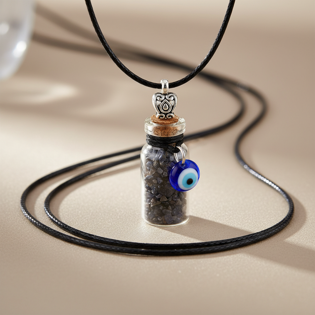 A detailed macro shot of a delicate glass vial necklace, captured with a high-resolution macro lens under softbox lighting, emphasizing the clarity and tiny sapphire chips inside the bottle. The vial is mounted on a sleek, long cord, expertly draped agains