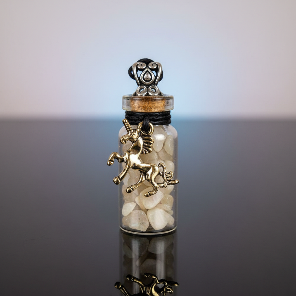 A highly detailed, studio-shot image of the Moonstone Chips in Bottle with Unicorn Necklace, captured with a macro lens using a softbox lighting setup to emphasize clarity and brilliance. The scene features a close-up of the glass vial, filled with shimmer