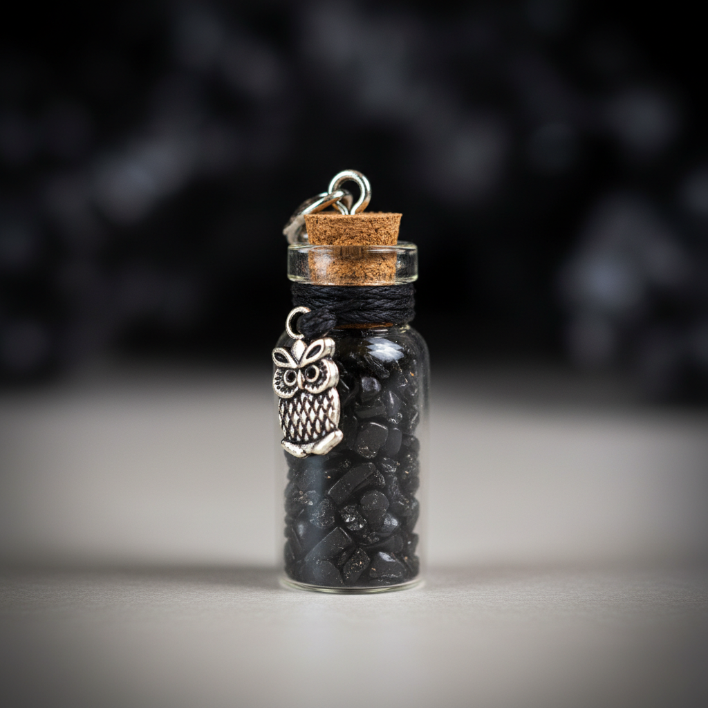 Create a high-resolution, studio shot of the black Tourmaline chips in a transparent glass bottle, captured from a slight angle to showcase the tiny chips inside. Utilize a softbox lighting setup to create even, diffused light, highlighting the natural tex