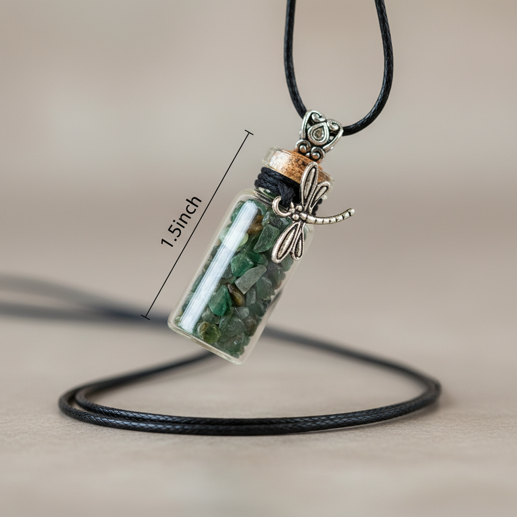 Capture a close-up, high-resolution studio shot of the Green Aventurine Chips in Bottle with Dragonfly necklace, hanging gracefully against a softly blurred, neutral-toned backdrop. Use a macro lens with a 100mm focal length, emphasizing the intricate deta