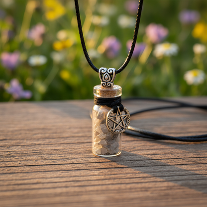 Craft a vibrant, lifestyle-oriented scene featuring the necklace casually placed on a natural, textured wooden surface outdoors during golden hour. Employ HDR studio lighting to mimic natural sunlight, casting warm, soft glows that bring out the subtle shi