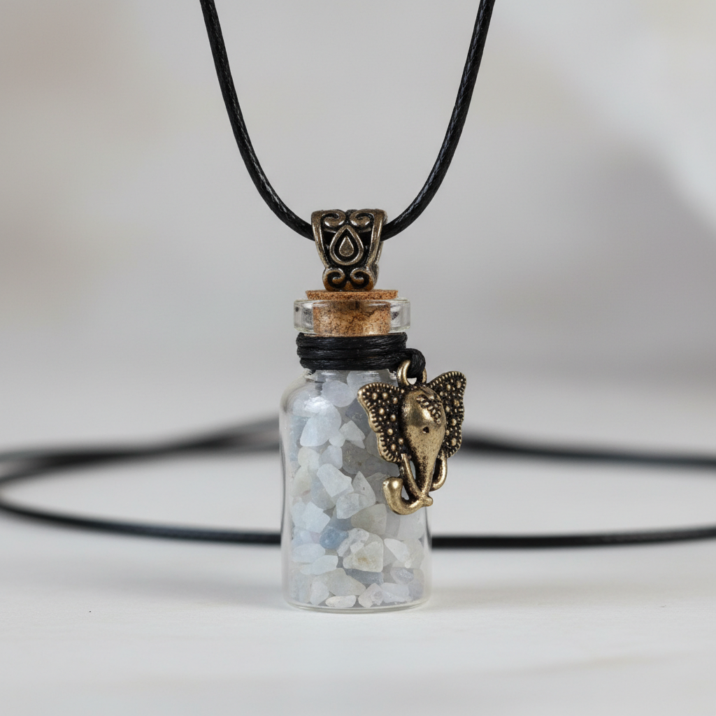 A highly detailed studio portrait of the Blue Lace Agate chips in a glass vial with an intricate Ganesha pendant necklace, photographed with a professional HDR studio lighting setup. Shot from a slightly elevated angle using a macro lens with a 100mm focal