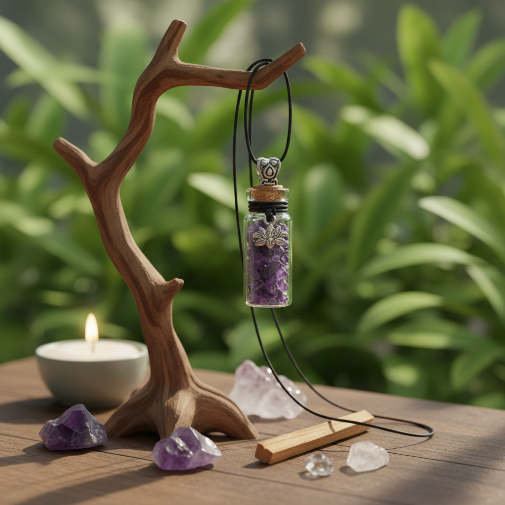 Visualize the Amethyst Bottle Necklace, 1.5', styled in a serene, nature-inspired lifestyle scene. The necklace hangs naturally from a twig-like stand against a softly blurred background of lush greenery and daylight dappling through leaves, captured with 