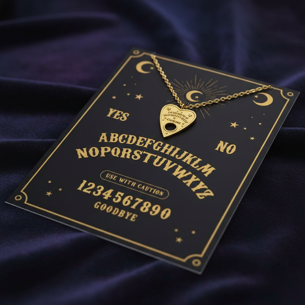 Create a cinematic, high-resolution image of the 'Planchette Necklace Greeting Card' laid flat on a dark velvet surface with subtle, ambient lighting emphasizing the mystical theme. Use a softbox light to cast gentle, even illumination, highlighting the in