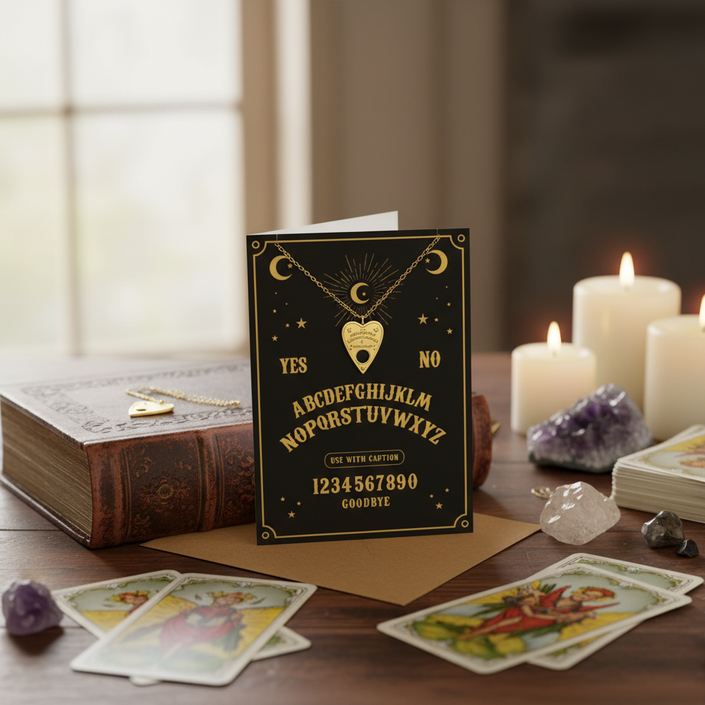 Capture an artistic lifestyle scene where the greeting card is displayed on an antique wooden table amid mystical props like tarot cards, crystals, and candles. The card is slightly propped up against a vintage book with soft natural daylight streaming fro