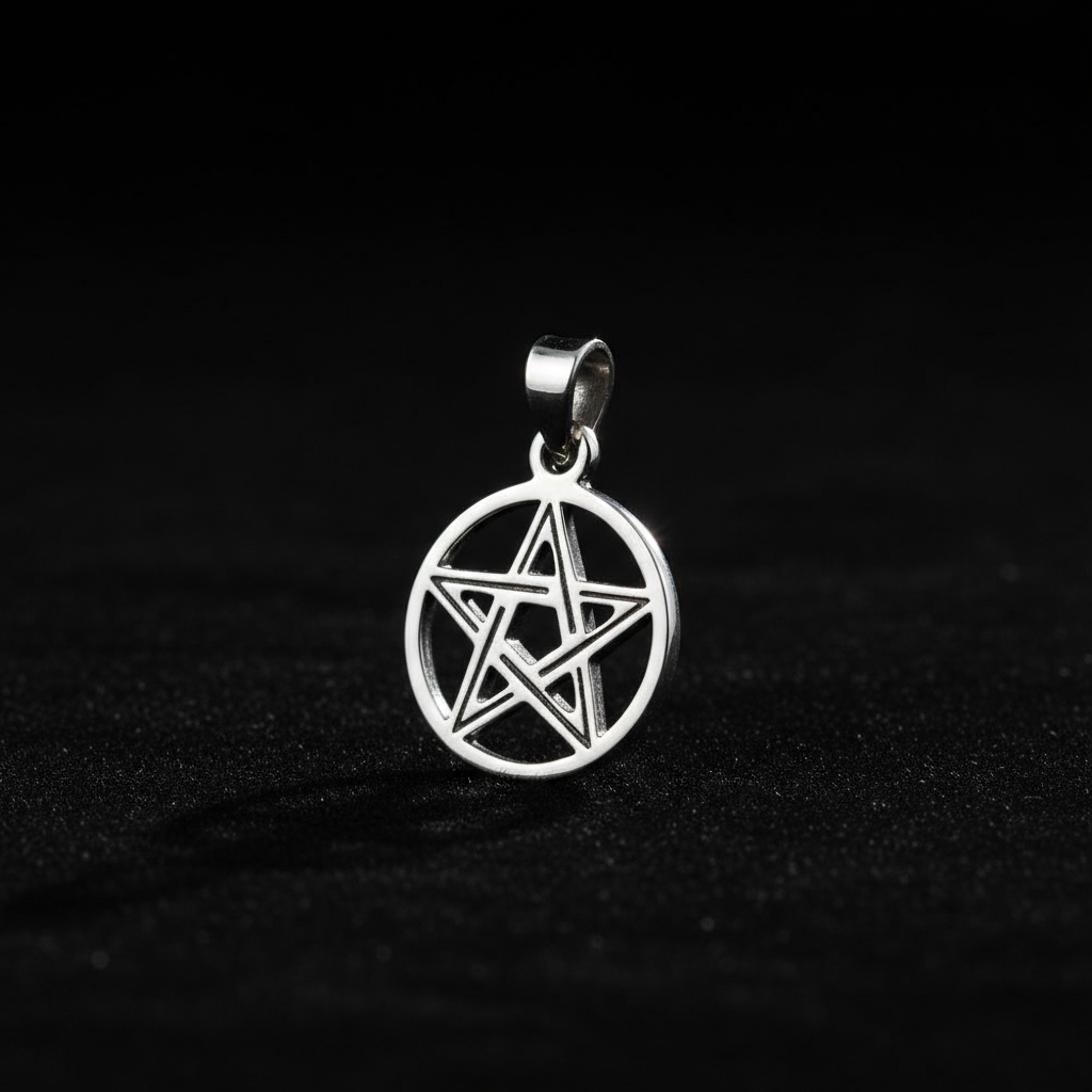 Capture a highly detailed, studio-lit close-up of a Sterling Silver Pentacle Pendant, shot from eye level with a focus on the intricate pentacle design suspended against a deep, matte black background. Use a softbox light to softly diffuse gentle highlight