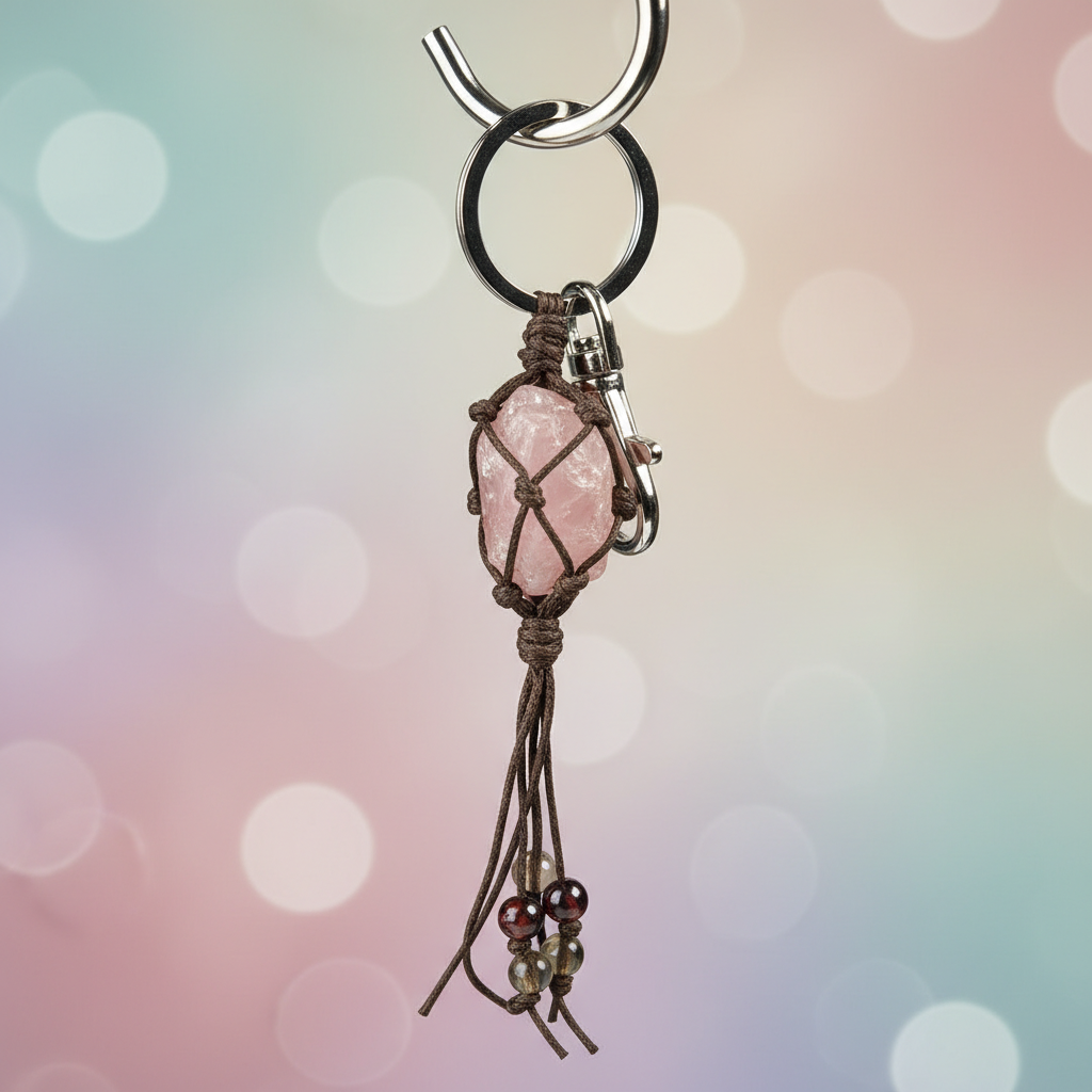 Create a highly detailed, cinematic studio shot of a Love/Rose Quartz keychain, displayed hanging from a sleek silver hook against a softly blurred, elegant pastel-toned background. Use HDR studio lighting with diffused daylight to bring out the smooth, po