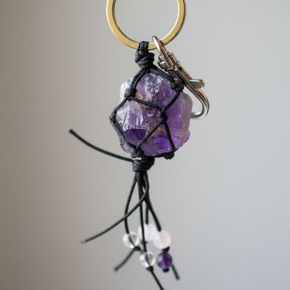 Capture a close-up, macro shot of the Healing Amethyst Keychain suspended against a sleek, minimalist background with a soft diffused daylight studio lighting setup. Use a high-resolution camera with a macro lens at 100mm focal length, focusing sharply on 