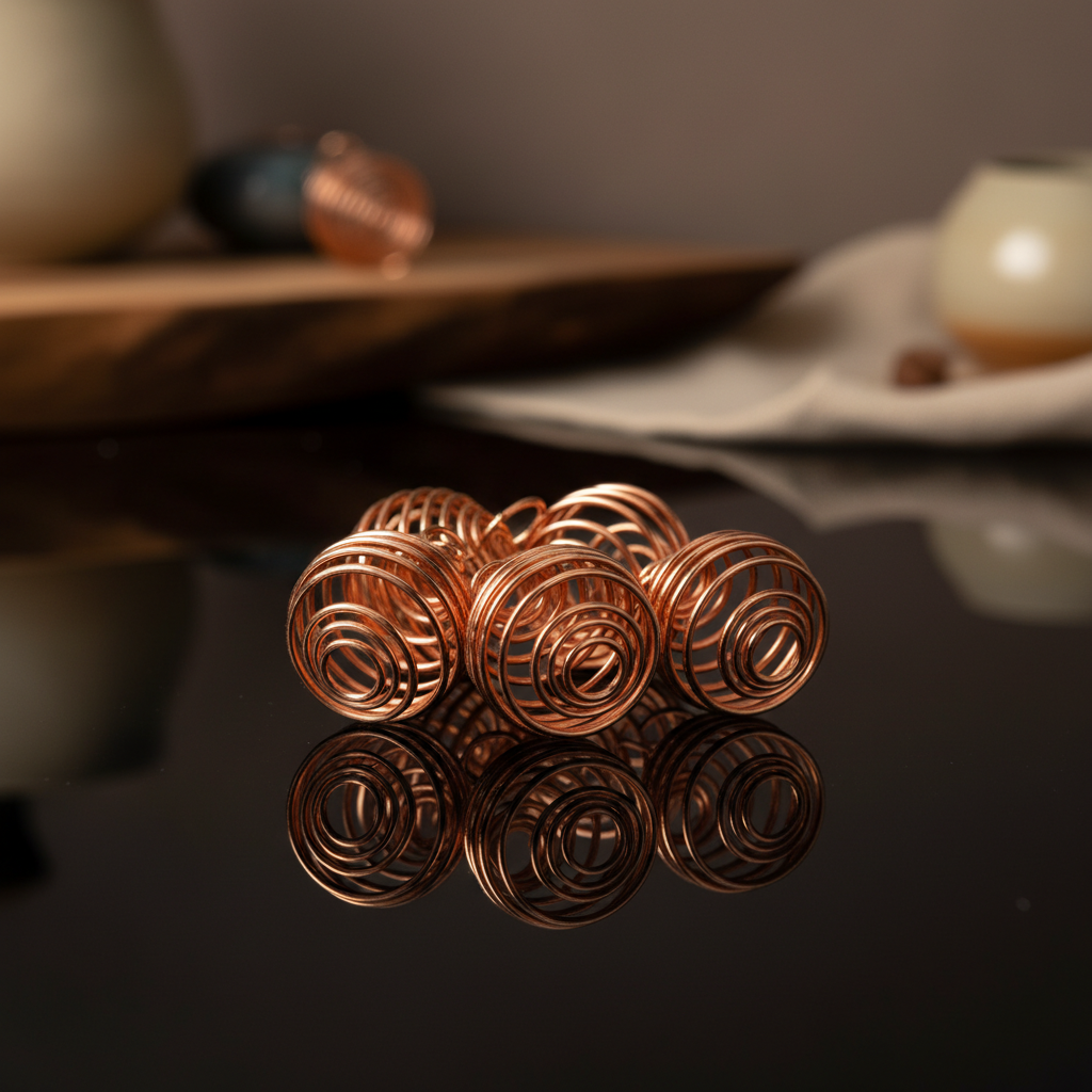 Create a highly detailed, professional studio shot of a set of 24 copper-plated coils arranged artistically on a sleek, reflective black surface. Use softbox lighting to emphasize the warm, rich tones of the copper with gentle highlights on the spiraling c