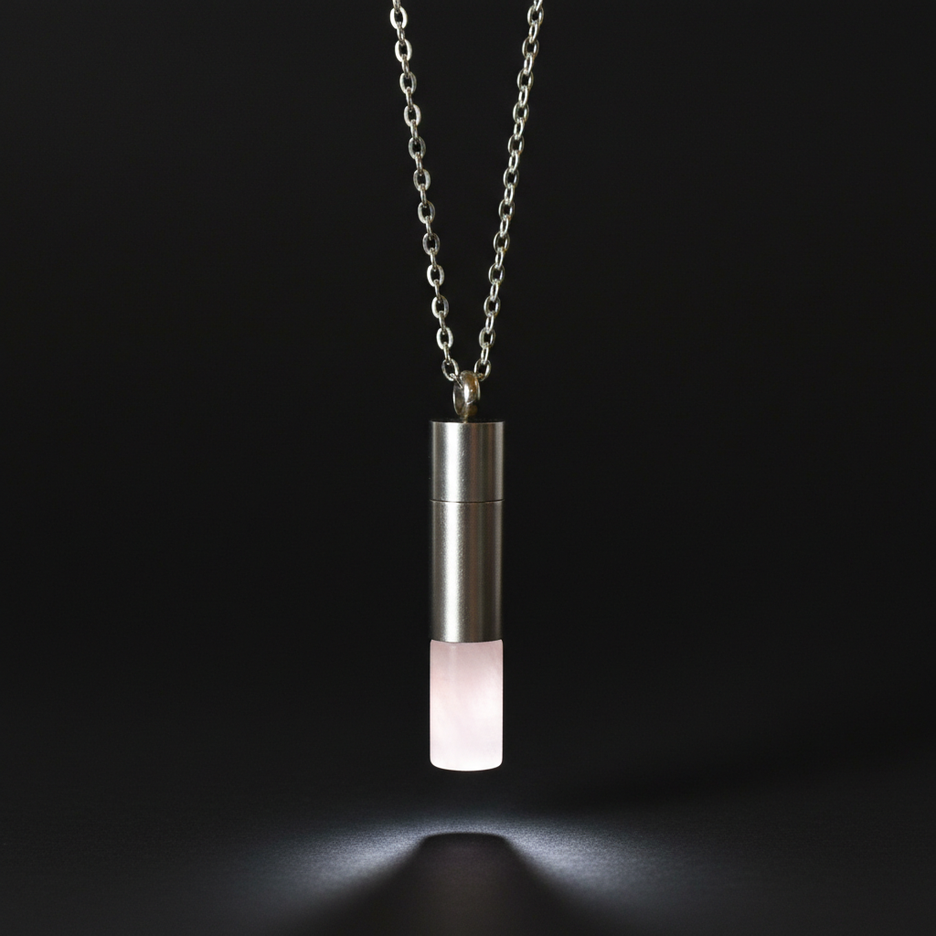 Create a hyper-realistic studio shot of the Rose Quartz chamber with chain, capturing the pendant suspended against a smooth, matte black background to emphasize its soft, translucent pink hue. Use a softbox light positioned at a 45-degree angle to create 