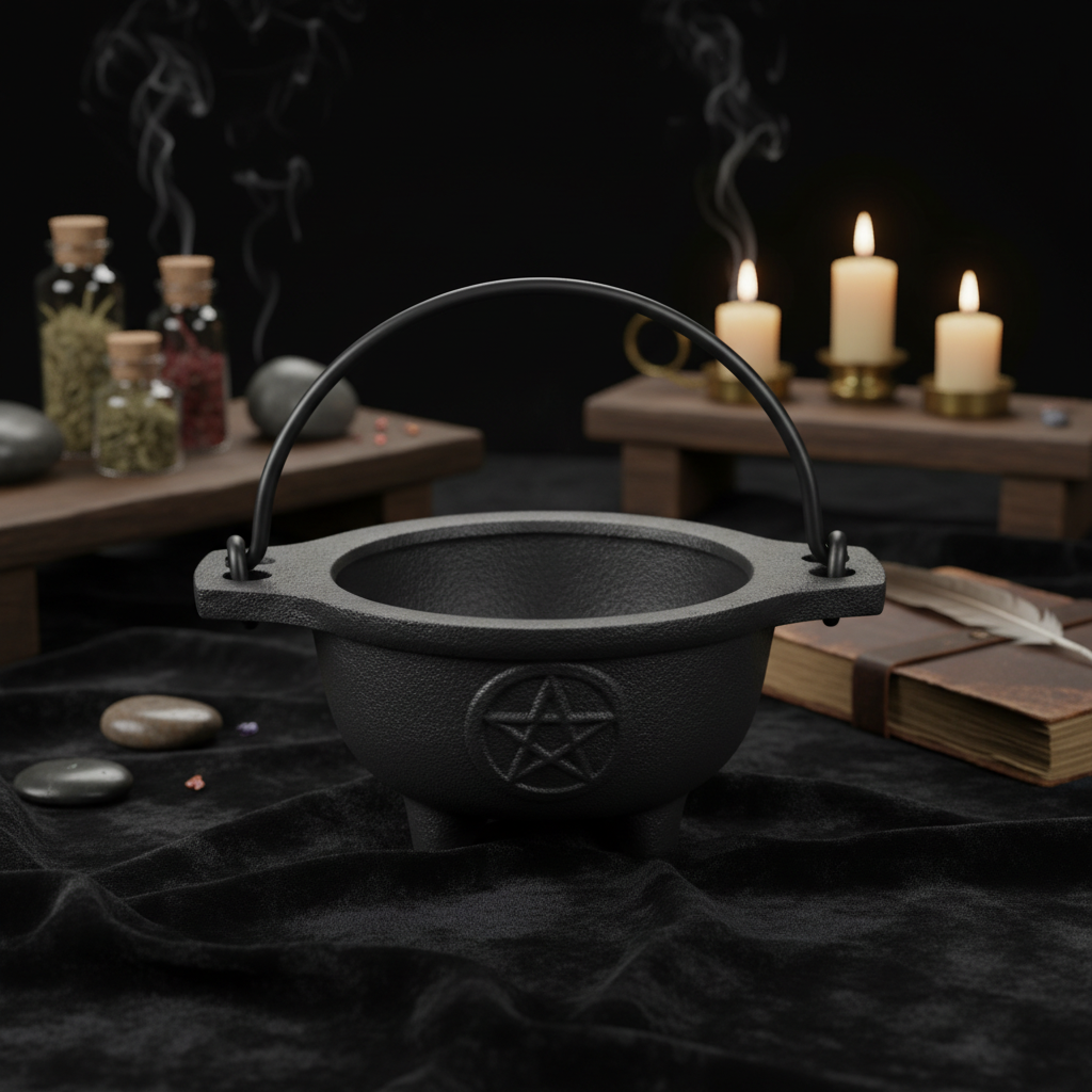 Depict the 'Pentagram Cast Iron Cauldron 3 1/2"' in a candid, lifestyle scene set on a dark, textured velvet cloth resembling an altar setup. Use HDR studio lighting to evenly illuminate the detailed embossed pentagram and the rough texture of the cast iro
