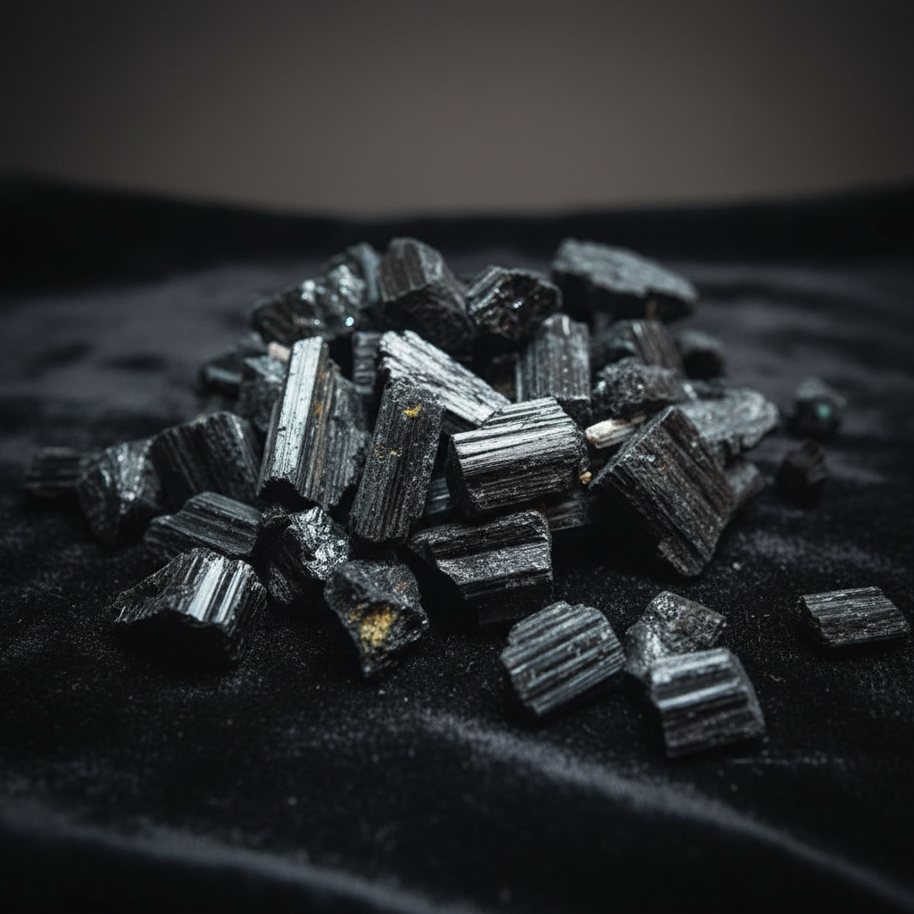 Create a highly detailed, cinematic studio shot of a handful of Black Tourmaline Untumbled Stones, positioned on a sleek black velvet surface, illuminated by softbox lighting that highlights their natural, matte textures and rough, unpolished surfaces. Cap