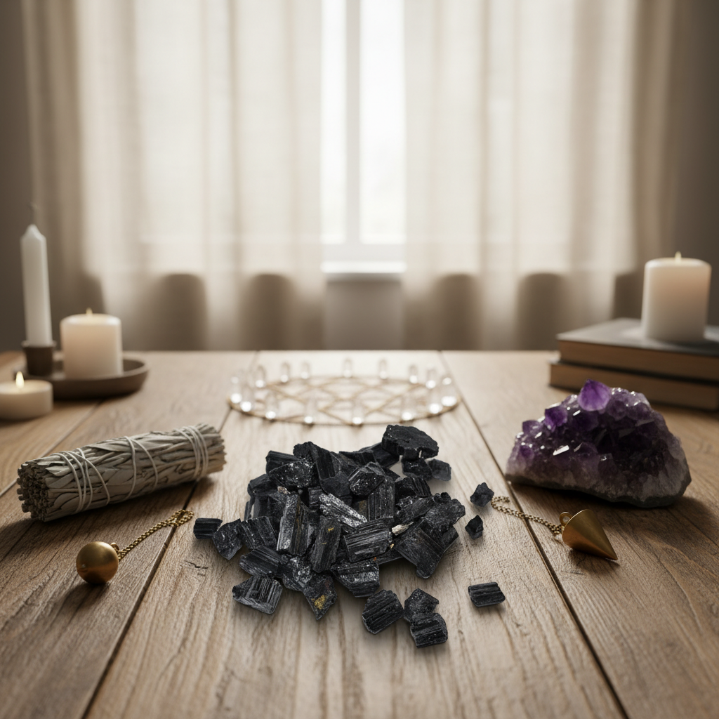 Create a vivid lifestyle scene shot of Black Tourmaline Untumbled Stones used within a calm, ritualistic space, set on a rustic wooden table with subtle natural sunlight filtering through a sheer linen curtain. The stones are arranged in an aesthetically p
