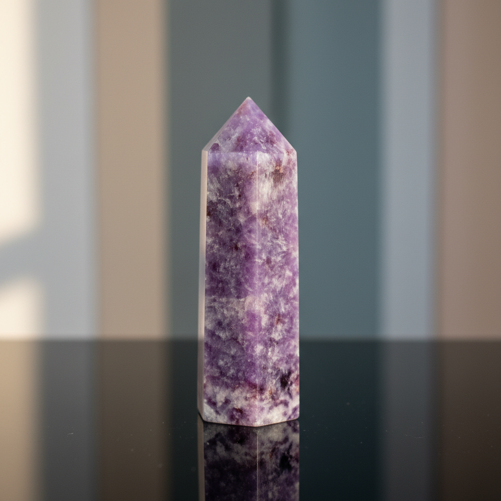Capture a highly detailed studio shot of a Lepidolite Obelisk standing upright on a sleek, reflective black surface. Utilize softbox lighting with diffused daylight to create a luminous, gentle glow that highlights the crystal's natural textures and subtle