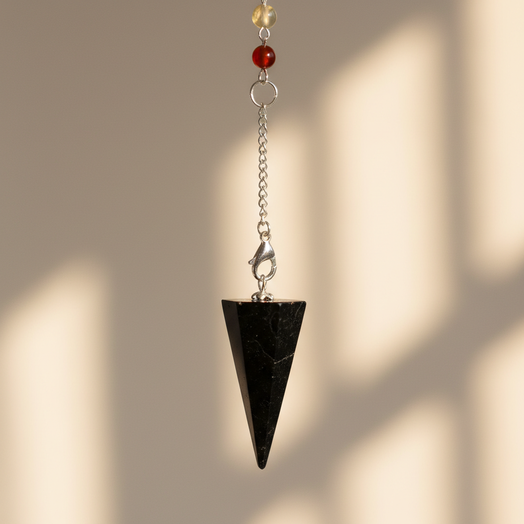 Create a highly detailed, studio-shot image of a Shungite Chakra Pendulum with a 6-sided design, captured in a professional setting. Use softbox lighting to enhance the deep, matte texture of the Shungite stone, highlighting its natural crystalline pattern