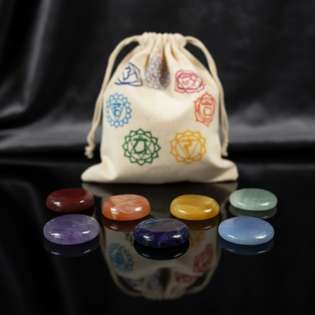 Create a highly detailed, cinematic studio shot of a 7 Chakra Stone Set with a sleek, matte black fabric bag, placed on a softly reflective black surface to emphasize elegance and sacredness. Use HDR studio lighting with a mix of diffused daylight and subt