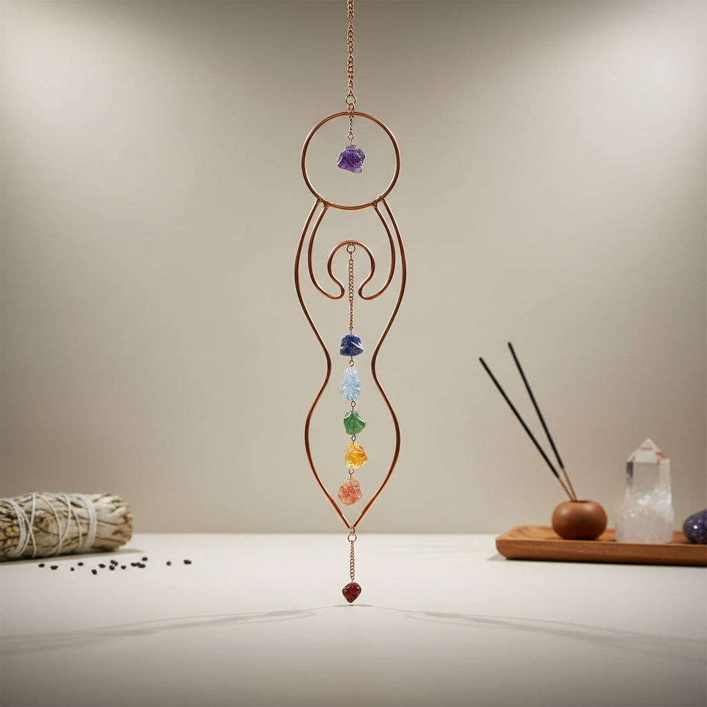Create a highly detailed, cinematic studio image of the 'Goddess with Chakra Stones Wall Hanging' in a serene spiritual setting. Use softbox studio lighting to softly illuminate the copper-toned wire art, emphasizing its intricate craftsmanship and the vib