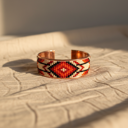 Capture a close-up, studio shot of the Czech Beaded Copper bracelet, positioned elegantly on a soft, textured fabric surface to emphasize its handcrafted quality. Utilize softbox lighting with HDR studio lights to highlight the intricate beadwork and vibra