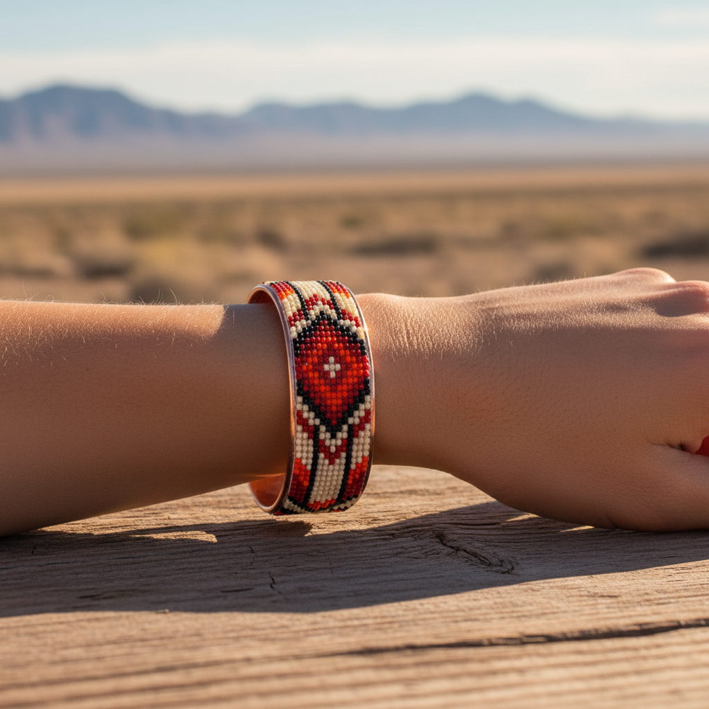 Create a lifestyle scene featuring the Czech Beaded Copper bracelet worn on a model’s wrist, set in a sunlit desert landscape that echoes the Southwest inspiration. The bracelet glints subtly in natural daylight, captured with a DSLR at a 70mm focal length