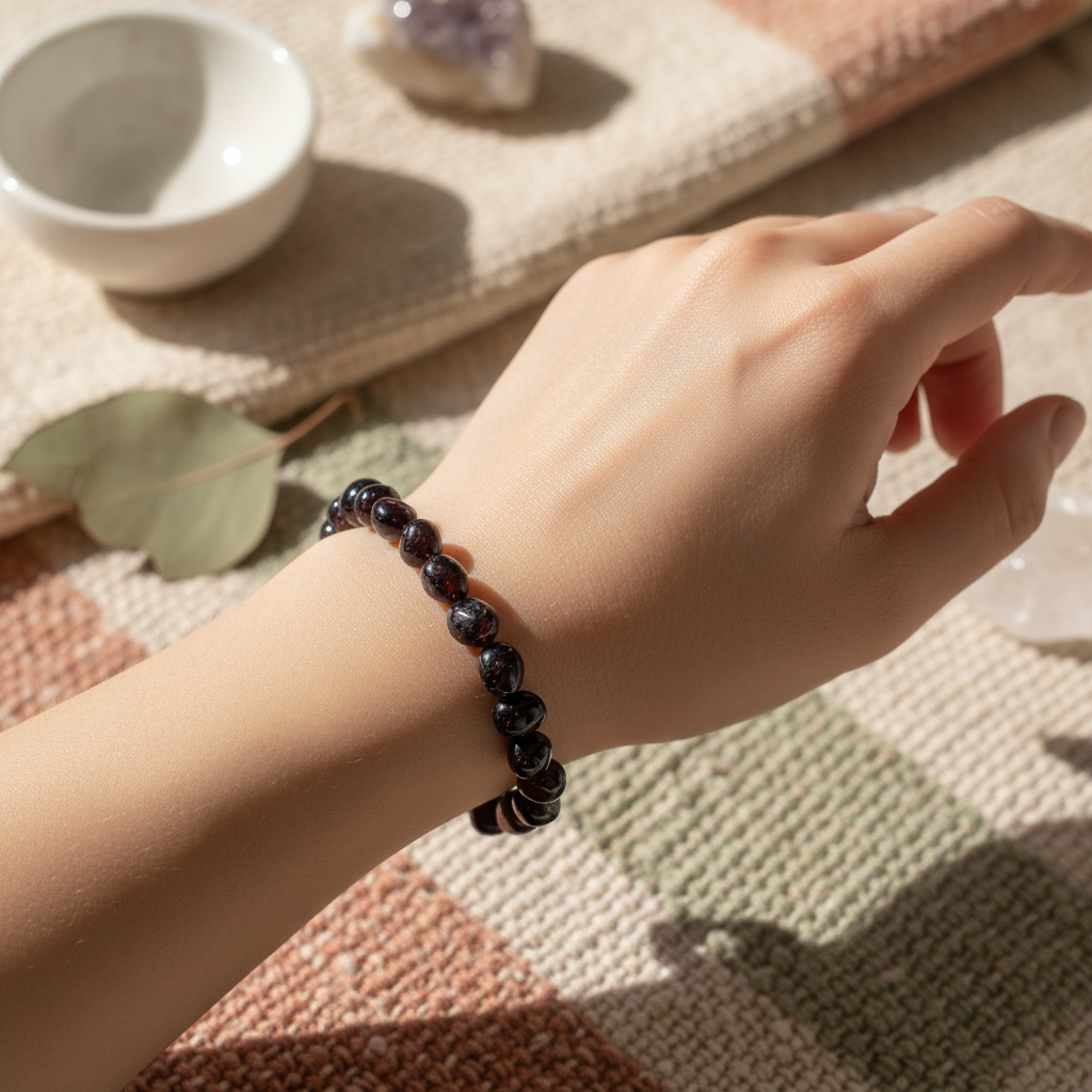  conceive an artistic lifestyle scene showcasing the 'Garnet bracelet' worn on a model's wrist in a serene, natural setting. Use diffused daylight with HDR studio lighting to evenly illuminate the bracelet, capturing the depth and vibrant color of the garn