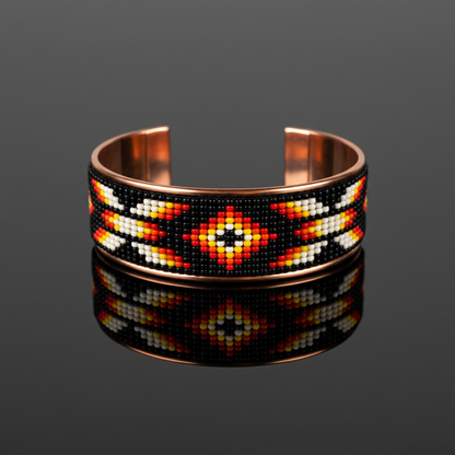 Create a highly detailed, professional studio shot of the 'Czech Beaded Copper bracelet' laid flat on a sleek black reflective surface, emphasizing its intricate beadwork and Southwest-inspired patterns. Use softbox lighting to softly illuminate the textur