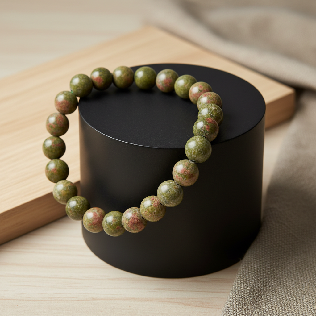 Create a cinematic, high-resolution studio scene showcasing the Beaded Unakite Bracelet, 8mm, zoomed in from a slightly elevated angle (around 45 degrees), with a focus on the intricate bead details. Use softbox lighting to produce gentle, even illuminatio