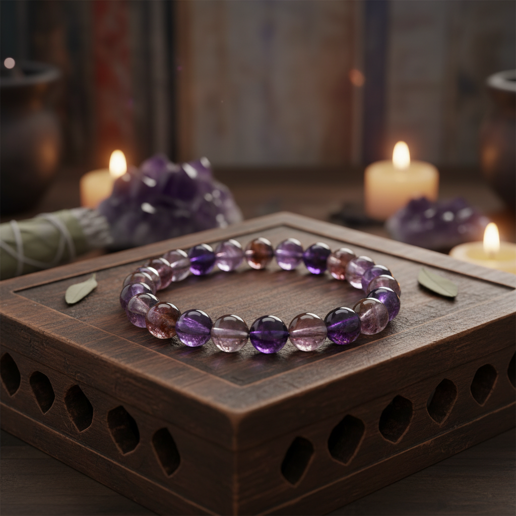 Depict the Super 7 crystal bracelet in a serene, spiritual setting, placed delicately on an antique wooden altar or ritual table. Use HDR studio lighting with rim and ambient illumination to showcase the luminous qualities of the Super 7 stones, emphasizin