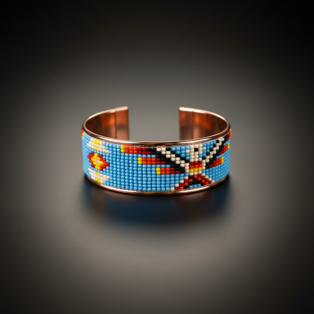 Create a highly detailed, studio-quality image of the 'Czech Beaded Copper bracelet,' displayed on a sleek, neutral-toned matte surface with a softbox lighting setup to highlight the intricate beadwork and craftsmanship. Capture the bracelet from a top-dow