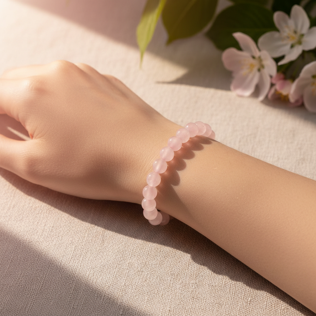 Design an evocative lifestyle scene featuring the Rose Quartz Bracelet worn on a person's wrist in a serene, natural setting. The model's arm rests gracefully on a light-colored linen cloth, with natural sunlight streaming in through gentle foliage, creati