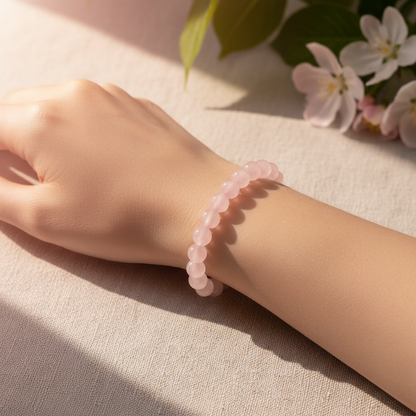 Design an evocative lifestyle scene featuring the Rose Quartz Bracelet worn on a person's wrist in a serene, natural setting. The model's arm rests gracefully on a light-colored linen cloth, with natural sunlight streaming in through gentle foliage, creati
