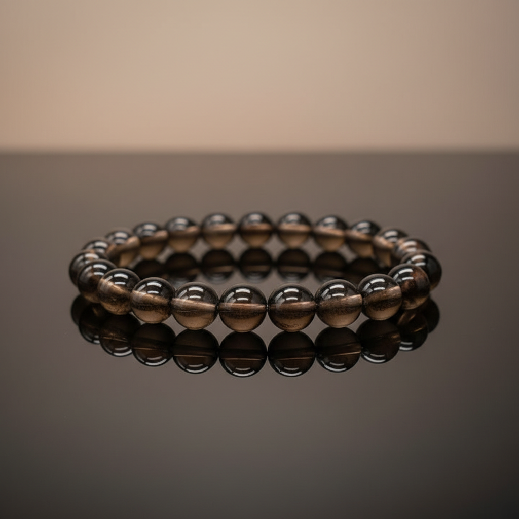 Create a highly detailed, cinematic studio shot of the Smoky Quartz Bracelet, 8mm beads, placed elegantly on a smooth, dark reflective surface under softbox lighting that emphasizes the stone's natural translucency and subtle color variations. Capture the 