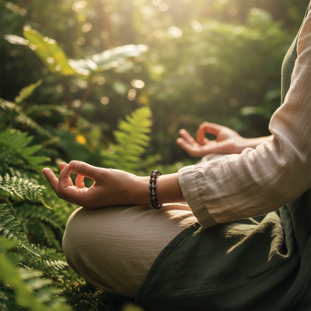 Design a lifestyle scene featuring the Smoky Quartz Bracelet, 8mm beads, worn on the wrist of a relaxed person meditating in a tranquil natural setting. Use HDR studio lighting to illuminate the scene with a natural daylight effect, capturing the gentle te