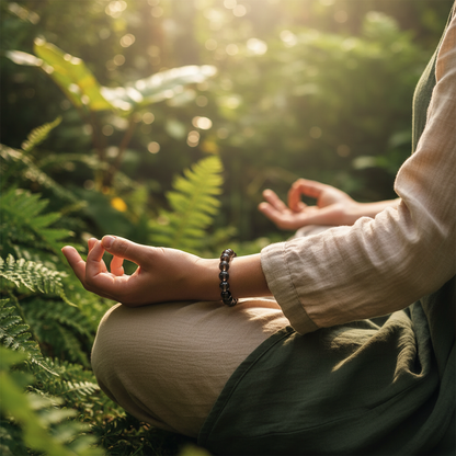 Design a lifestyle scene featuring the Smoky Quartz Bracelet, 8mm beads, worn on the wrist of a relaxed person meditating in a tranquil natural setting. Use HDR studio lighting to illuminate the scene with a natural daylight effect, capturing the gentle te