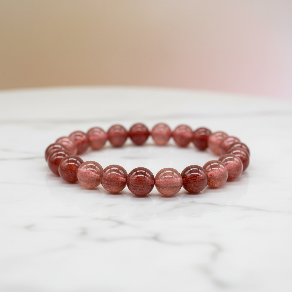 A highly detailed studio shot of a Strawberry Quartz bracelet featuring 8mm beads, expertly displayed on a smooth, reflective surface that accentuates its warm, translucent quality. The scene is illuminated with HDR studio lighting using diffused daylight 