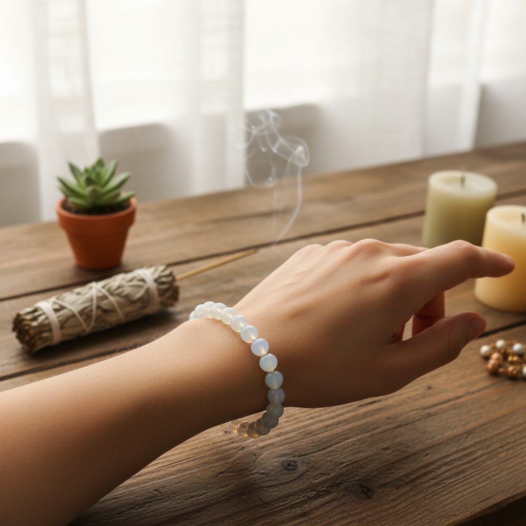 Imagine a sophisticated, lifestyle scene showcasing the Opalite Beaded Bracelet, 8mm, worn on a graceful, relaxed hand resting on a rustic wooden table in a serene, bohemian-inspired space. The natural daylight filtered through sheer curtains creates a gen