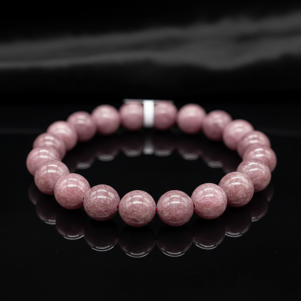 Capture a close-up shot of the Lepidolite bracelet, styled elegantly on a reflective black surface, illuminated with soft HDR studio lighting that highlights the smooth 8mm polished stones' subtle lilac hues and natural crystalline textures. Use a macro le