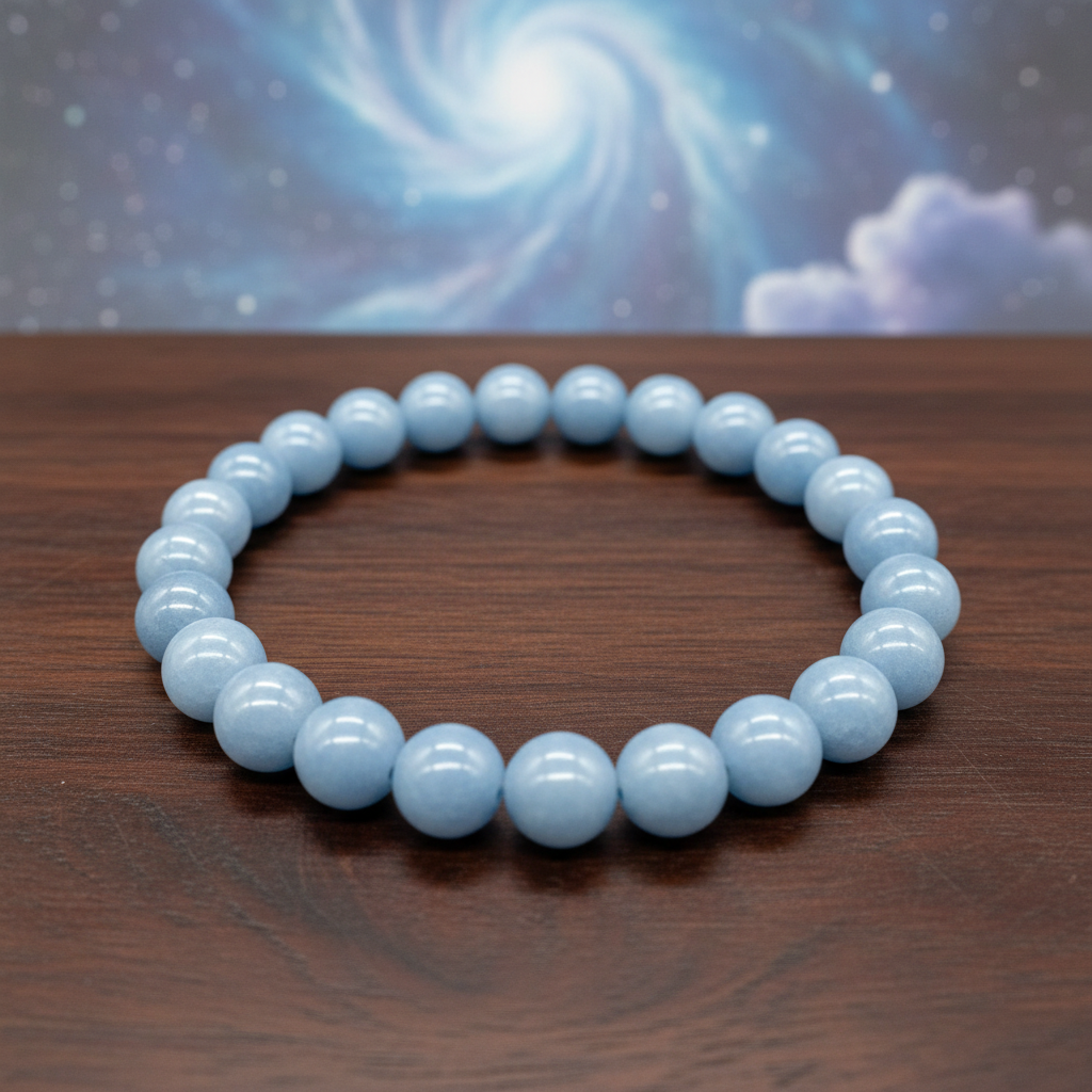 Capture a close-up, top-down shot of the Angelite Bead Bracelet, 8mm, resting on a polished dark wooden surface that enhances its soothing blue-gray hues. Use softbox lighting to create gentle, diffuse daylight that highlights the smooth, matte texture of 