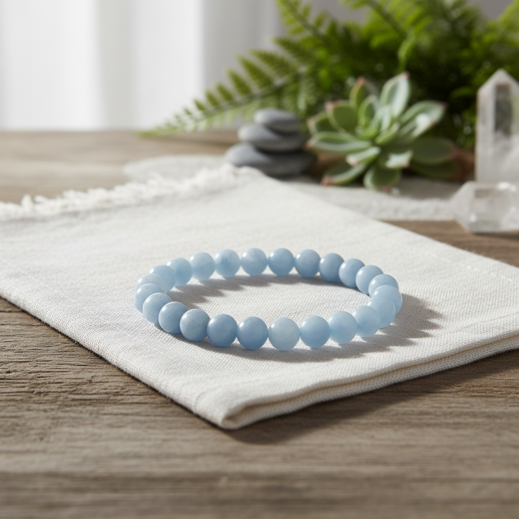 Portray the Angelite Bead Bracelet, 8mm, styled in a sophisticated lifestyle scene, draped elegantly over a white linen cloth on a rustic wooden table illuminated by diffused daylight from a nearby window. Utilize HDR studio lighting to enhance the natural