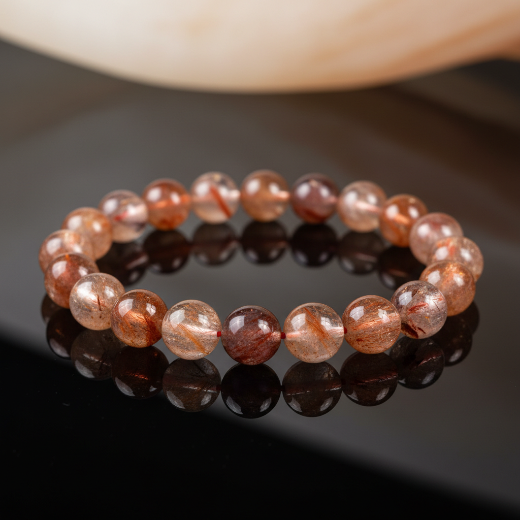 Create a hyper-realistic, studio-shot image of the Himalayan Fire Quartz Beaded Bracelet, featuring 6-8mm beads intricately arranged on a sleek, reflective black surface. Use HDR studio lighting with a softbox to highlight the fiery inclusions within each 