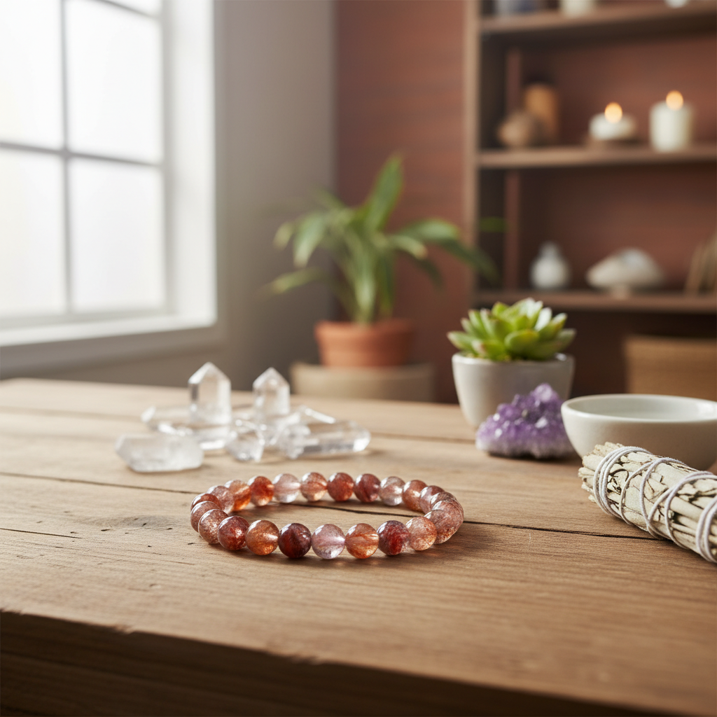 Design a styled, lifestyle-inspired image showcasing the Himalayan Fire Quartz Beaded Bracelet draped casually on a smooth, weathered wooden surface with soft, diffuse daylight pouring from a nearby window. Position the bracelet in a natural, relaxed setti