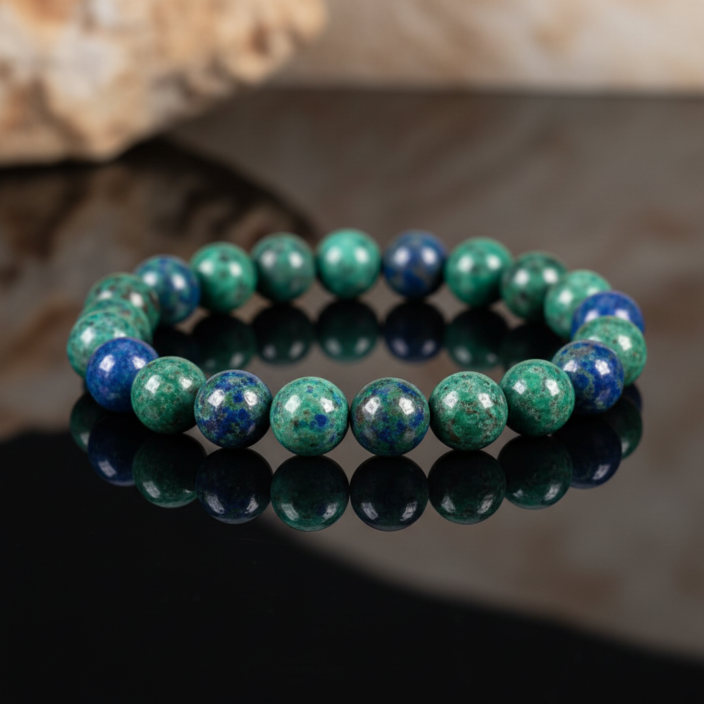 A close-up, high-resolution studio shot of an Azurite Malachite beaded bracelet, 8mm, displayed on a sleek reflective black surface under softbox lighting that highlights the deep, rich textures of the beads. The camera is positioned at a slightly elevated