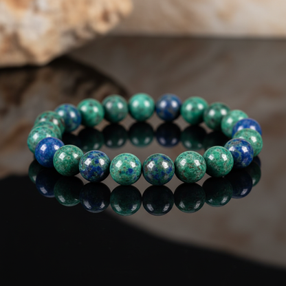A close-up, high-resolution studio shot of an Azurite Malachite beaded bracelet, 8mm, displayed on a sleek reflective black surface under softbox lighting that highlights the deep, rich textures of the beads. The camera is positioned at a slightly elevated