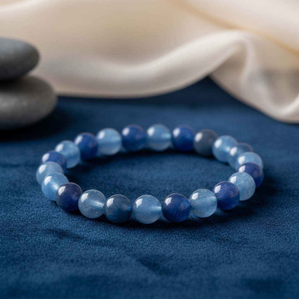 Create a cinematic, high-resolution studio image of a Blue Aventurine beaded bracelet arranged elegantly on a textured velvet surface, illuminated by softbox lighting that highlights the smooth, polished 8mm beads with a subtle sheen. Capture the bracelet 