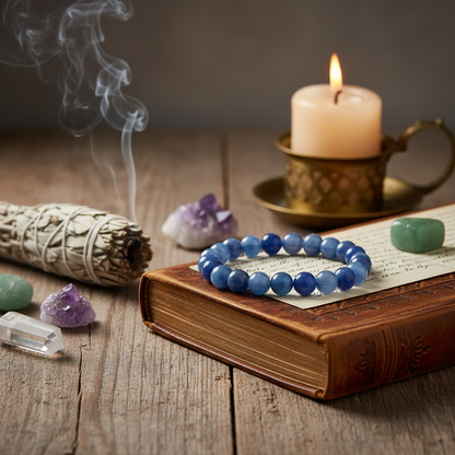 Generate an artistic lifestyle setting scene featuring the Blue Aventurine bracelet draped gently over an open, vintage leather-bound journal resting on a rustic wooden table. Use HDR studio lighting with rim lights to create a balanced, luminous glow arou