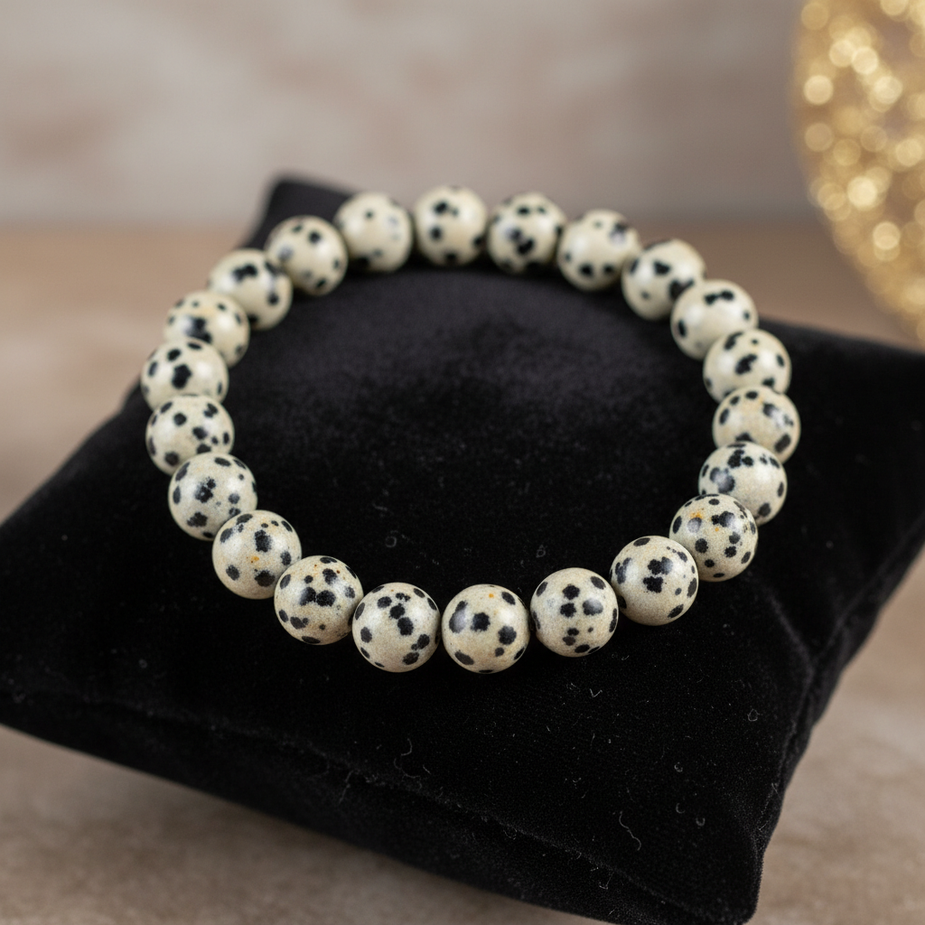 Create a high-resolution image of the Dalmatian Jasper Beaded Bracelet, 8mm, displayed on a sophisticated dark velvet cushion to emphasize the natural pattern and texture of the stones. Use softbox lighting to highlight the bracelet’s polished surface and 