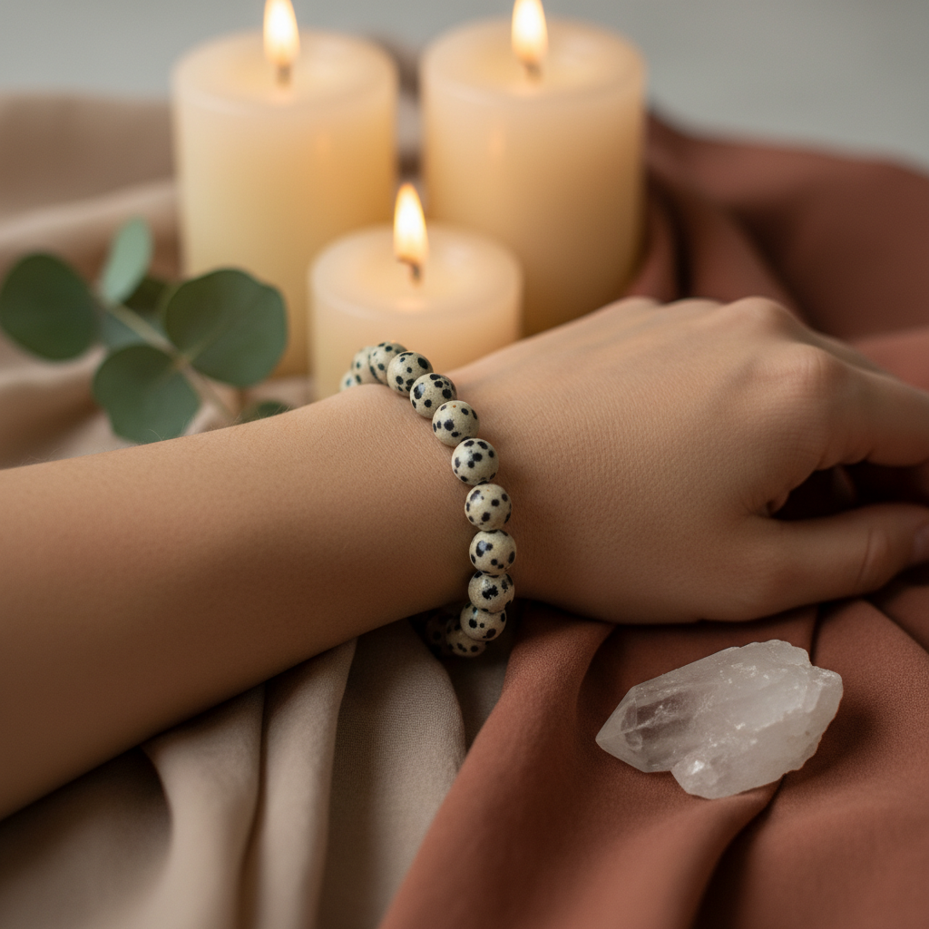 Design a vivid lifestyle setting featuring the Dalmatian Jasper Beaded Bracelet, 8mm, elegantly draped over a wrist with a background of silken, earth-toned fabrics and softly blurred candles to evoke a sense of calm and spirituality. Use diffused daylight