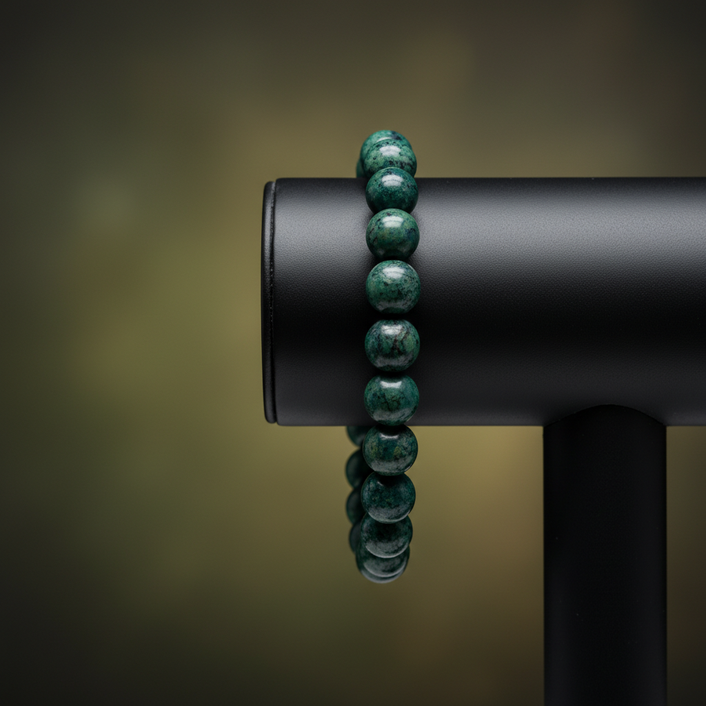 A highly detailed, cinematic close-up shot of the Kambaba Jasper Bracelet with 8mm beads, captured under HDR studio lighting using a macro lens, highlighting the intricate natural swirl patterns and earthy textures of the stones. The bracelet is elegantly 