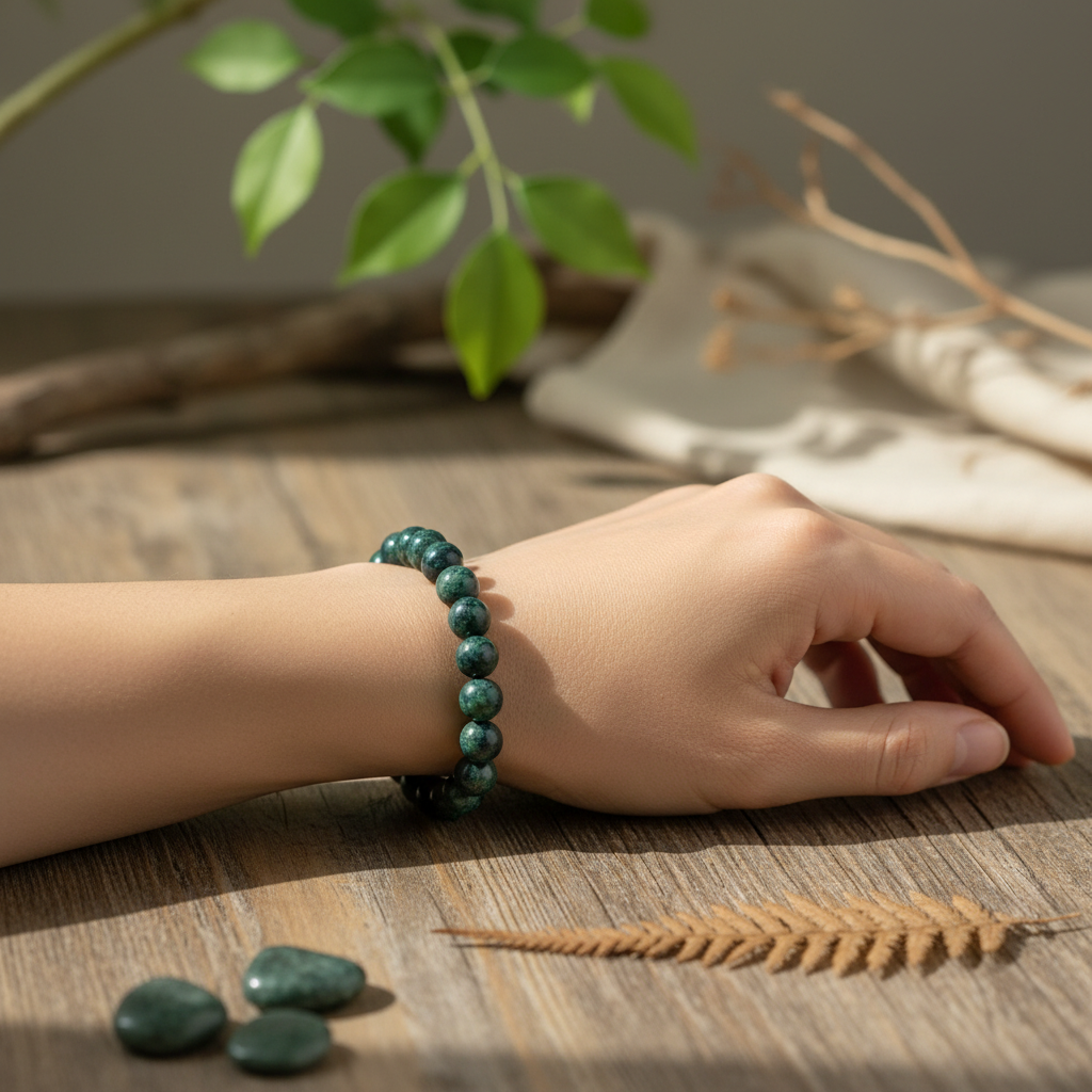 A lifestyle scene showcasing the Kambaba Jasper Bracelet worn on a calm, relaxed model’s wrist, captured from a slightly elevated angle with a 50mm lens in a natural daylight setting. The model’s arm rests on a rustic wooden table with soft, diffused light