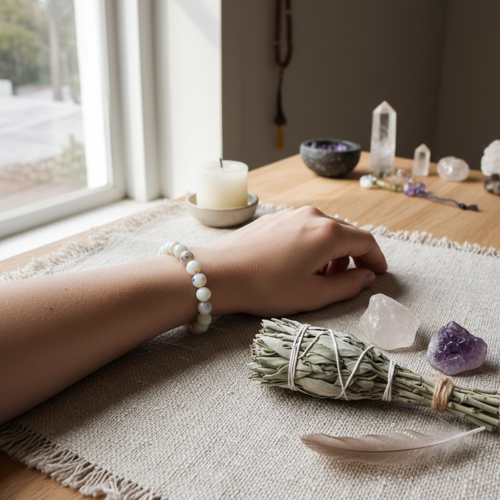 A lifestyle-inspired scene capturing the bracelet worn on a serene, relaxed wrist resting on a textured natural fiber cloth. Natural diffused daylight streams in from a nearby window, highlighting the gentle shimmer of the opal beads. The setting includes 